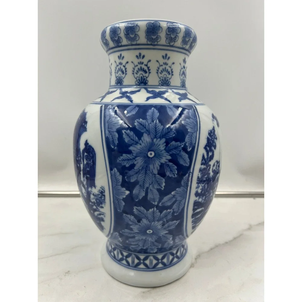Vintage Blue and White Porcelain Vase Chinoiserie Pastoral Scene Floral 11 Inch